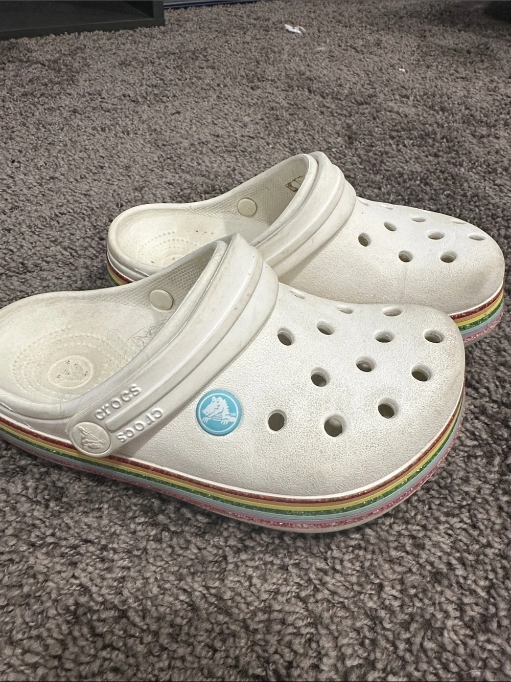 CROCS Kids White Clog with Rainbow Stripe Platform
